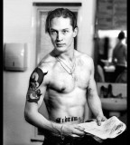 Tom Hardy Black and White Photo with His Grand Tattoos