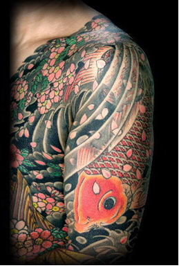 Traditional Japanese Koi Fish Tattoo with Cherry Blossom