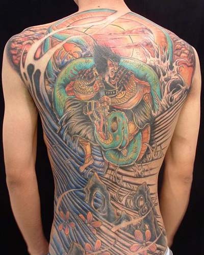 Samurai and Dragon Fight Traditional Japanese Tattoos
