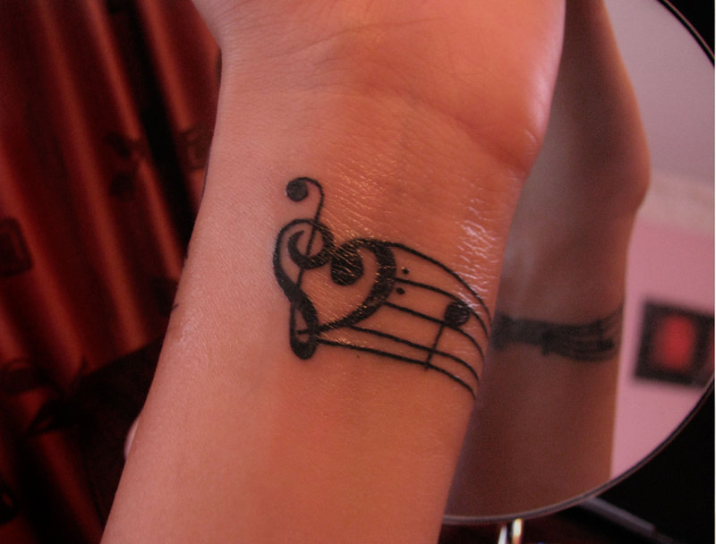 Treble Bass Clef Heart Tattoo With Note At Wrist