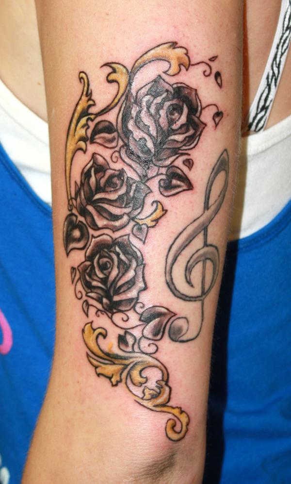 Black Roses Filigree Treble Clef Tattoo