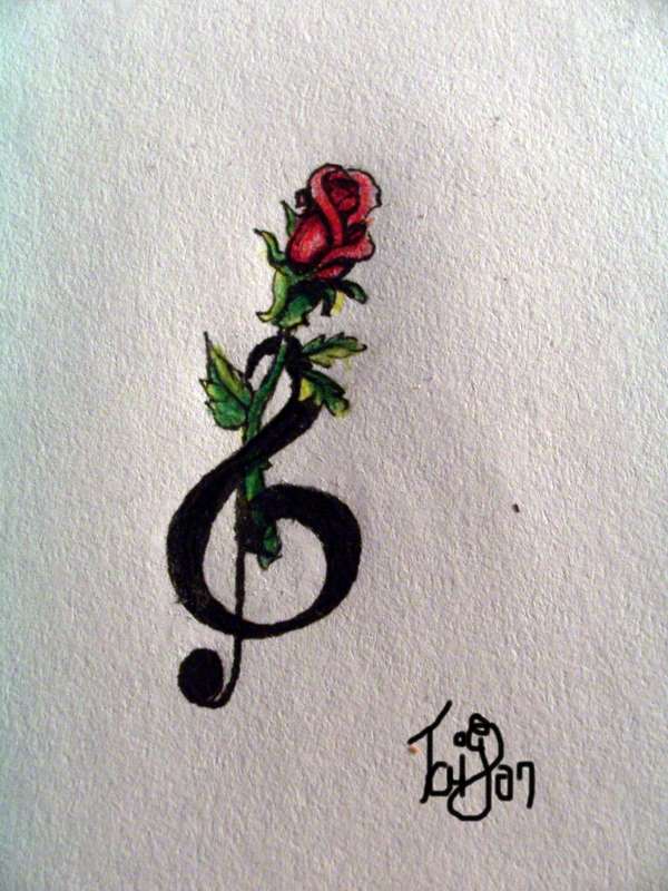 Cute Red Rose And Treble Clef Tattoo