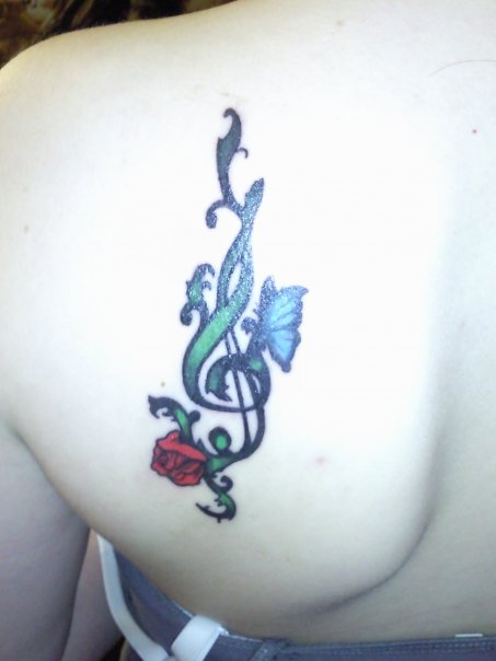 Cute Butterfly and Rose Treble Clef Tattoo
