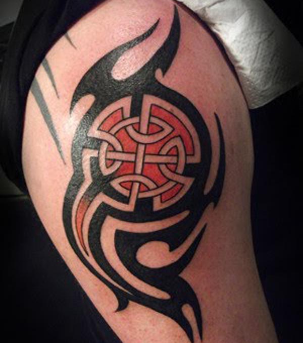 Cool Minimalistic Tribal Black and Red Combo Tattoo Design For Men