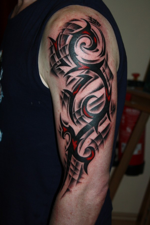 Cool Arm Sleeve Black and Red-Splashing Tribal Tattoo Design