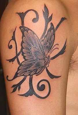 Amazing Flying Butterfly with Tribal Background Sleeve Tattoo
