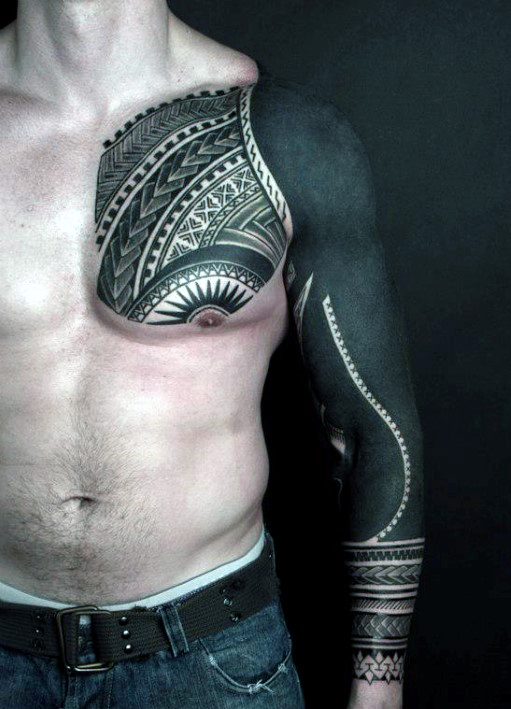 tribal sleeve and chest tattoos for men