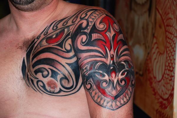 Polynesian Tribal Upper-arm to Chest Tattoo Designs for Men