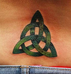 Exotic Green Lower Back Trinity Knot Tattoo Graphic for Girls