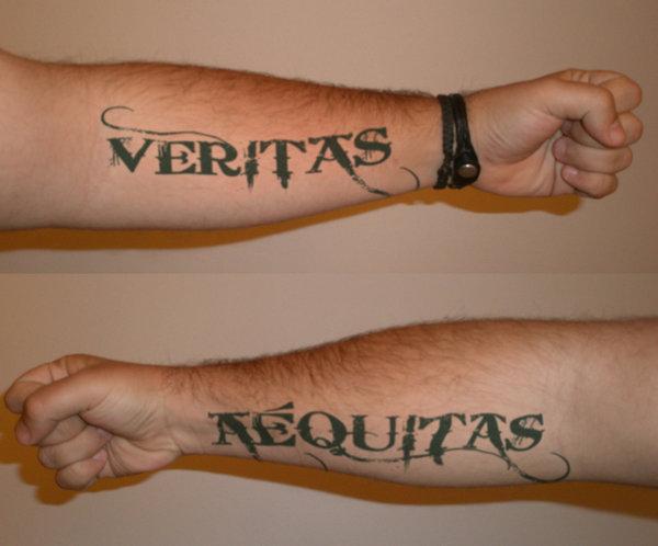 Amazing Boondock Saints Inspired Veritas and Aequitas Lower Arm Tattoo Design