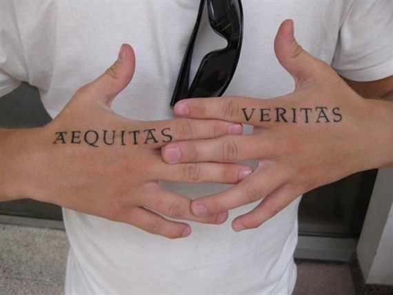 Awesome Boondock Saints Inspired Veritas and Aequitas on Pointer Fingers Tattoo Design