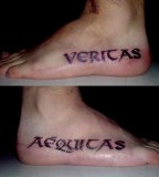 Cool Completed Pairs Veritas Aequitas Tattoos on Both Side Foot