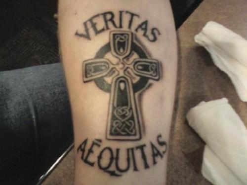 Wonderful Cross Veritas Aequitas Lettering Tattoo Design on Lower Arm