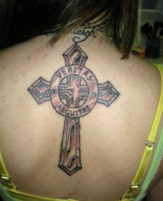 Cross Symbol Veritas and Aequitas Back Tattoo Design Idea for Women