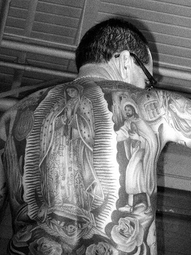 Awesome Black-white Religious Tattoo Design of Virgin Mary and Jesus