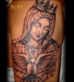 Amazing Tattoo Art of Crowned Virgin Mary and Pigeon - Religious Tattoos
