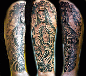 Full-Sleeve Tattoo Design of the Virgin Mary – Christian Tattoos