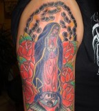 Virgin Mary and Roses Flowers Tattoo Design Art - Religious Tattoos