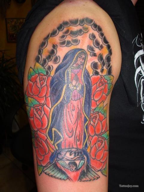 Virgin Mary and Roses Flowers Tattoo Design Art – Religious Tattoos