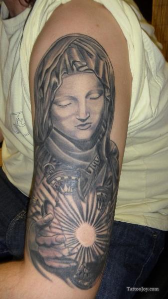 Half-Sleeve Tattoo Design of Illuminated Virgin Mary – Christian Tattoos