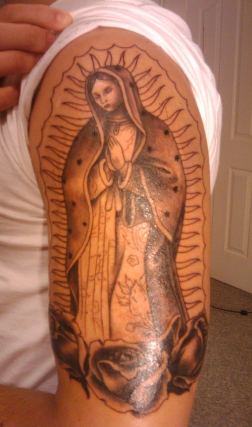 The Virgin Mary and Rose Flowers Half-Sleeve Tattoo Designs – Religious Tattoos