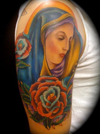 Virgin Mary and Rose Flowers Upper-arm Tattoo Design for Men