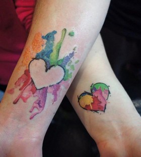 watercolor hearts couples tattoos