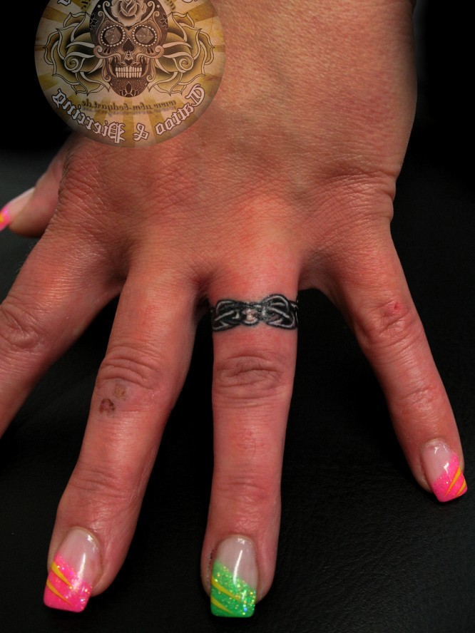 Modern Wedding Ring Finger Tattoo Design