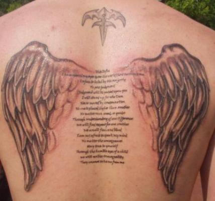 Awesome Angel’s Wings and Poem Tattoo Design On Back for Men