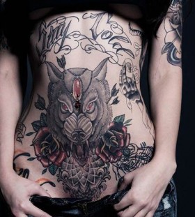 wolf on tummy tattoos for women