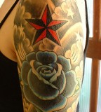 Half Sleeve Clouds Star and Rose Tattoo Designs for Women