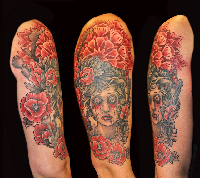 Lady With Poppies Half Sleeve Tattoo Design for Women