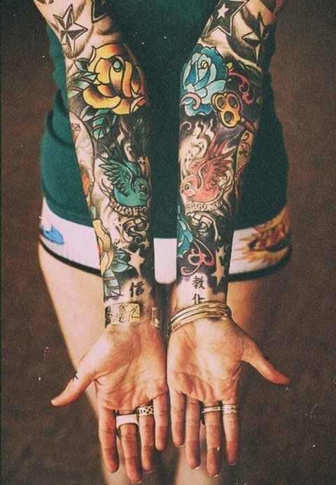 yellow and blue rose arm sleeves flower tattoo
